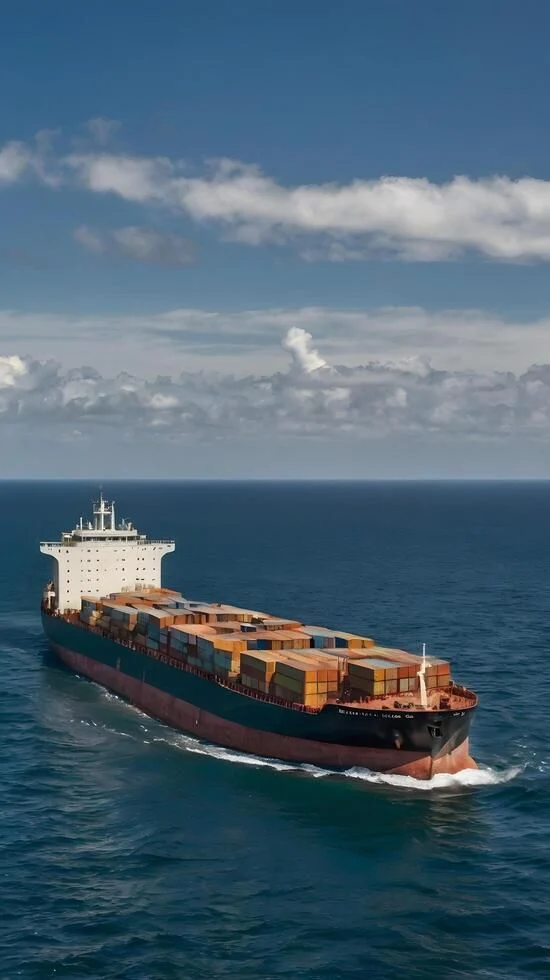 Buque portacontenedores navegando en mar abierto bajo un cielo con nubes