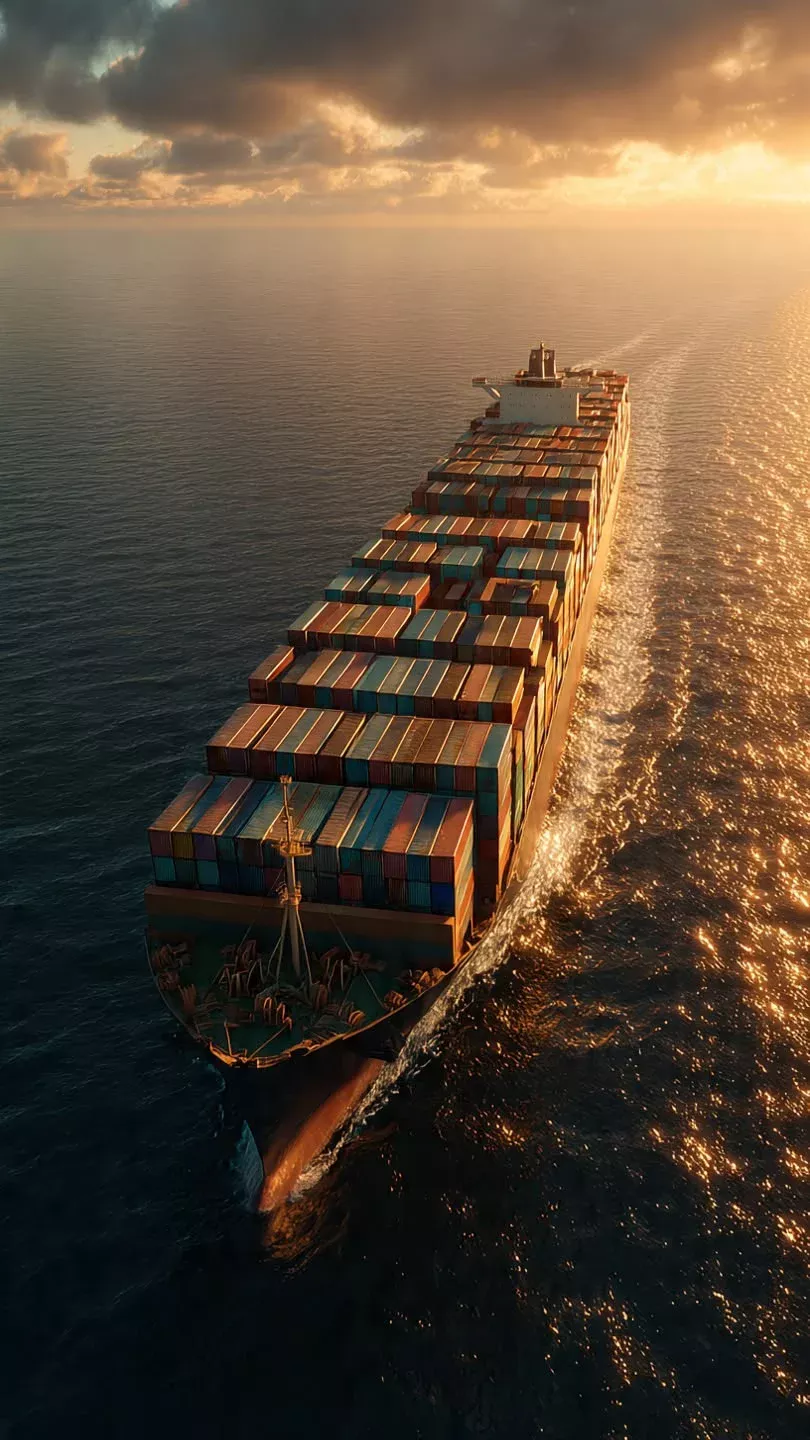 Buque portacontenedores navegando al atardecer con reflejos dorados sobre el mar