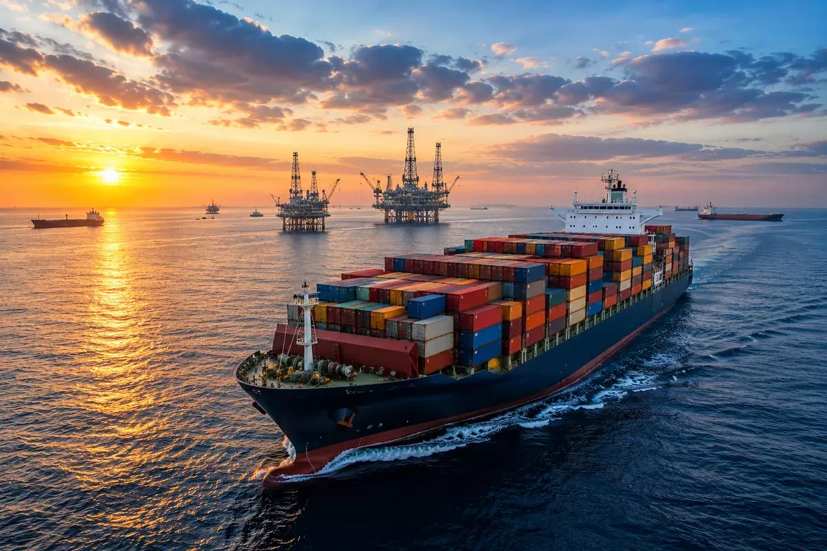 Buque portacontenedores cargado navegando al atardecer, con plataformas en alta mar al fondo